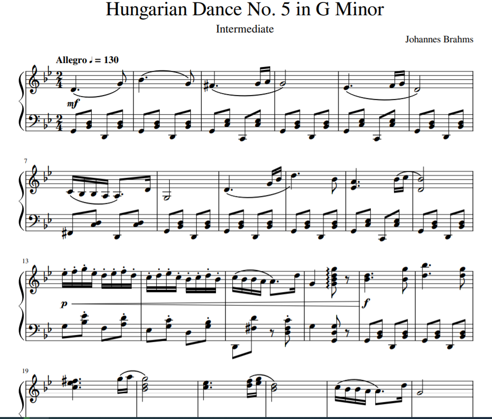 Hungarian Dance No. 5 in G Minor for piano